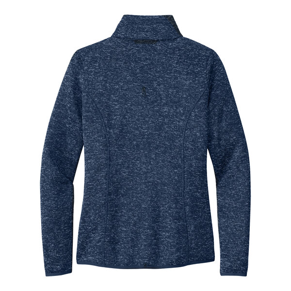 A Port Authority women's navy heather sweater jacket with a 1/4 zip.