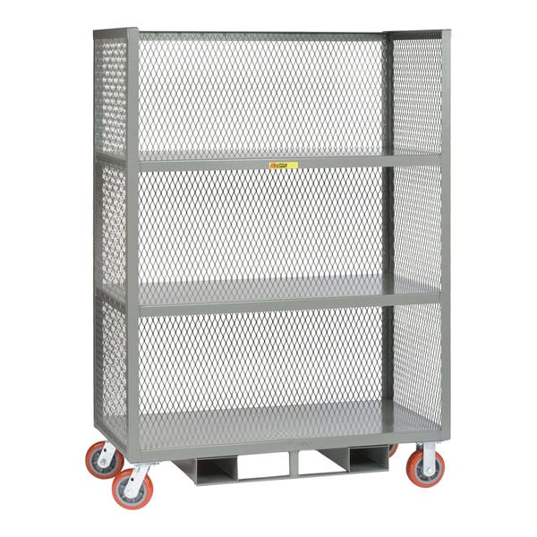 A grey metal Little Giant 3-shelf cart with red wheels.