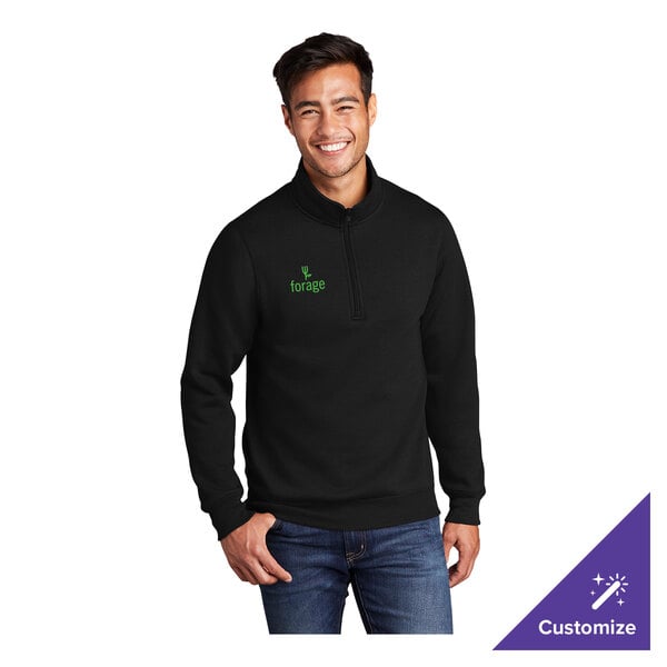 A black unisex quarter-zip fleece pullover sweatshirt with a small green 'forage' logo on the chest, shown in extra large size.