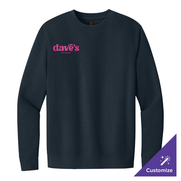 A navy blue unisex crewneck sweatshirt with 'dave's Ice Cream' printed in pink on the left chest.