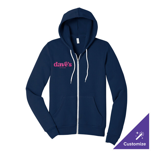 A navy blue unisex full-zip hoodie sweatshirt with a customizable logo on the chest and white drawstrings.