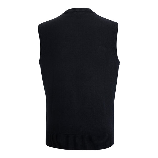 A navy jersey knit vest on a white background.