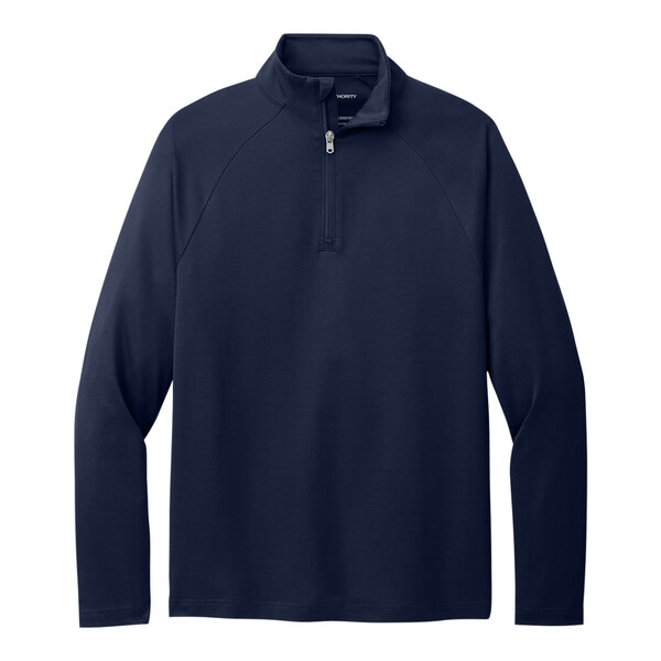 A Port Authority navy blue quarter-zip sweatshirt.