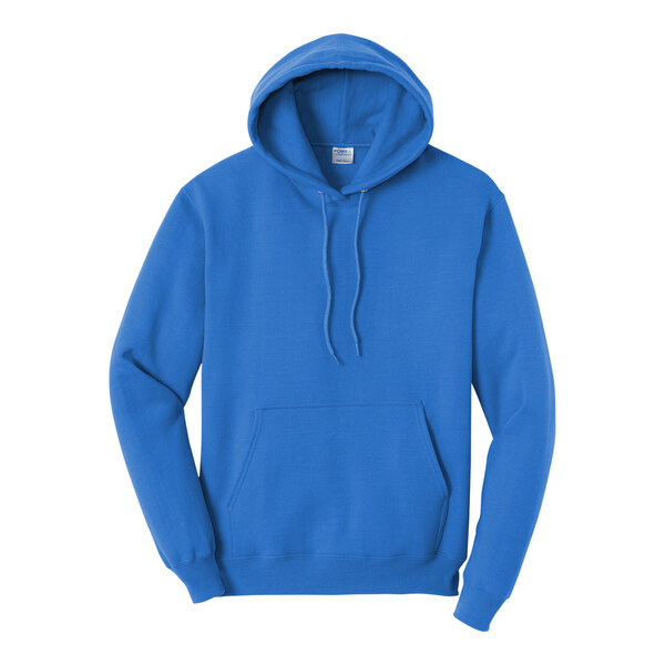 A blue Port & Company pullover hoodie with a hood.
