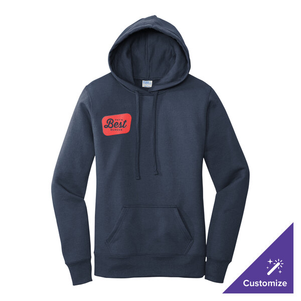 A navy women's pullover hoodie sweatshirt with a front pocket and a customizable design on the chest.