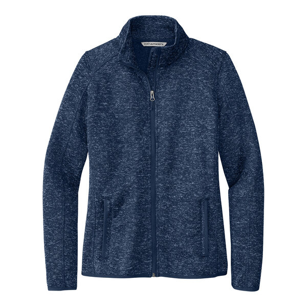 A Port Authority women's blue sweater jacket with a zipper.