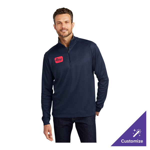 A unisex navy and gray quarter-zip pullover sweater with a customizable name patch on the chest.