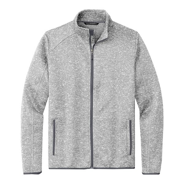 A Port Authority grey fleece sweater jacket with a zipper.