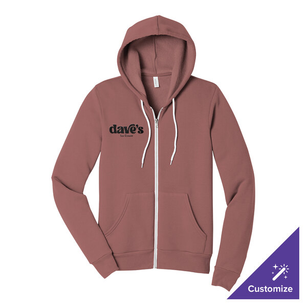 A mauve unisex full-zip hoodie sweatshirt with a front pocket and customizable logo on the chest.