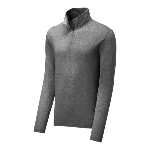 A Sport-Tek dark gray PosiCharge quarter-zip sweatshirt.