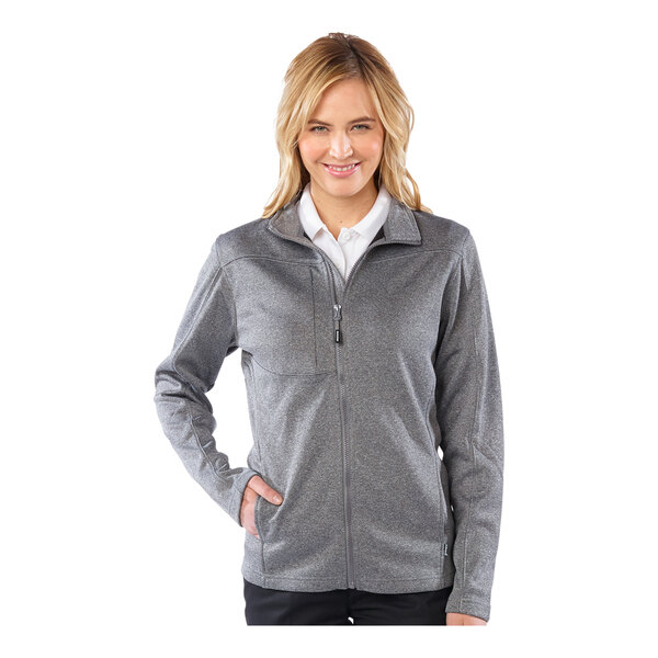 A woman wearing a gray Edwards fleece full-zip jacket.