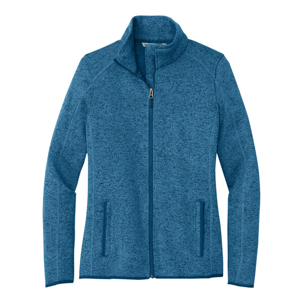 A Port Authority medium blue heather fleece sweater jacket with a zipper.