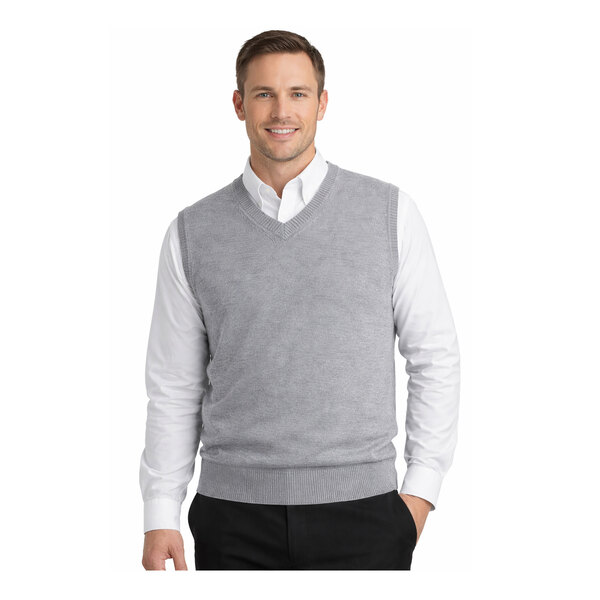 A unisex gray heather jersey knit vest made of acrylic, shown in size large.