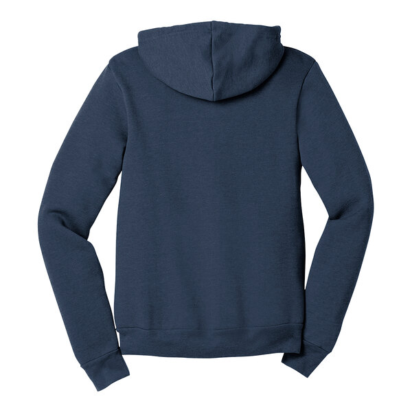 A heather navy Bella + Canvas full-zip hoodie with a hood.