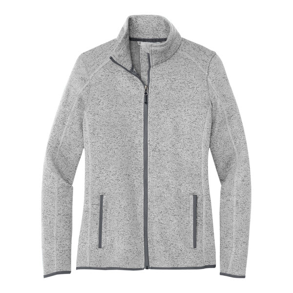 A Port Authority women's grey fleece sweater jacket with a zipper.