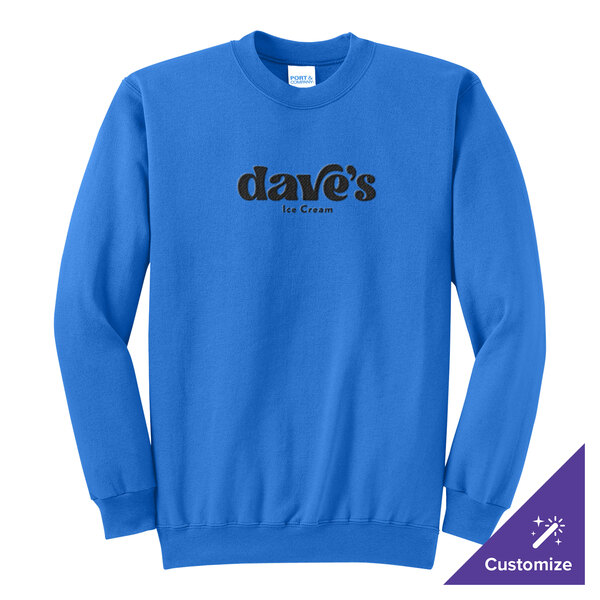 A royal blue unisex crewneck sweatshirt with 'dave's Ice Cream' printed on the front.
