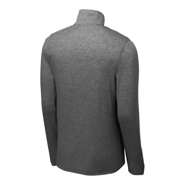 A back view of a dark gray Sport-Tek quarter-zip sweatshirt.