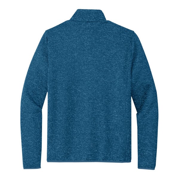 A Port Authority medium blue heather sweater jacket.