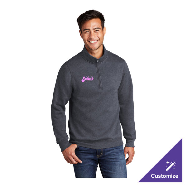 A unisex heather navy quarter-zip pullover sweatshirt with customizable text on the chest.