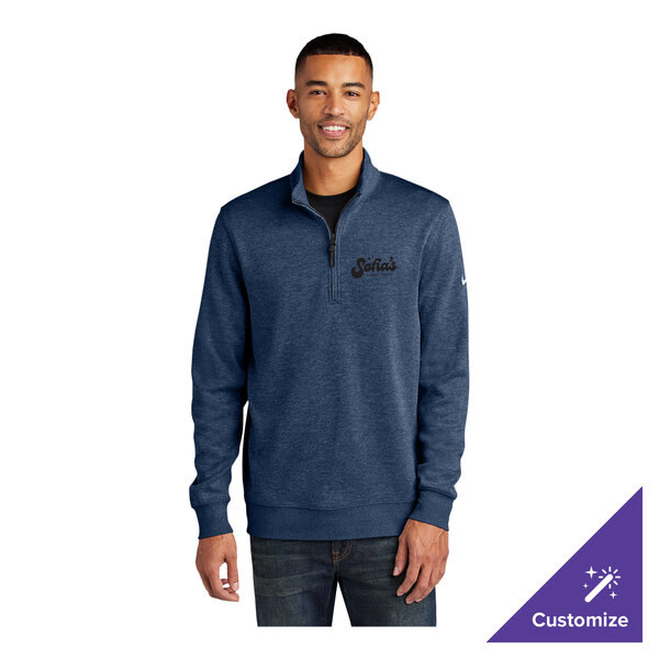 A navy blue Nike Dri-FIT unisex half-zip sweater in large size, made of polyester and customizable with a logo or text.