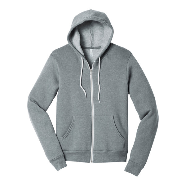 A grey zip up Bella + Canvas hoodie.