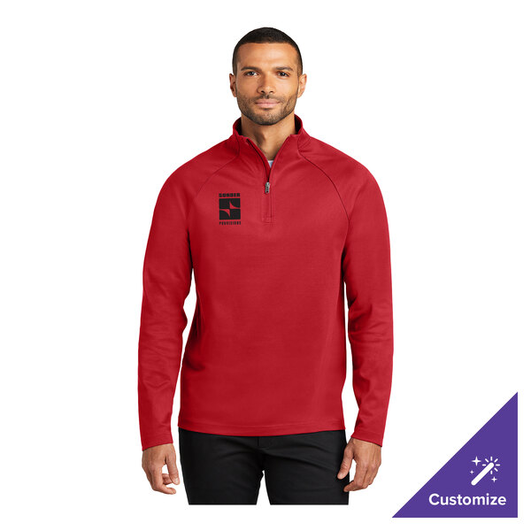 A unisex rich red quarter-zip sweatshirt with a customizable logo on the chest, made from a poly/cotton blend.