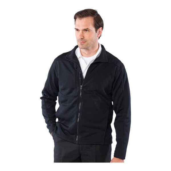 A man wearing a black Edwards fleece full-zip jacket.