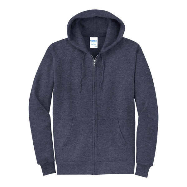 A Port & Company Heather Navy full-zip hoodie sweatshirt.