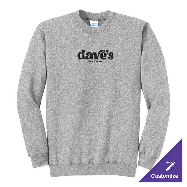A gray unisex crewneck sweatshirt with 'dave's ice cream' printed on the front, available in extra large size.