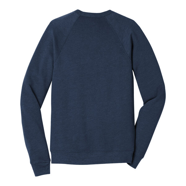 A Bella + Canvas heather navy sweatshirt with long blue raglan sleeves. The front features a white logo.