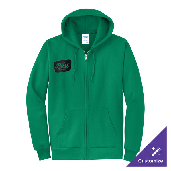 A green full-zip hoodie sweatshirt with a small 'Best' patch on the left chest and a customizable option.