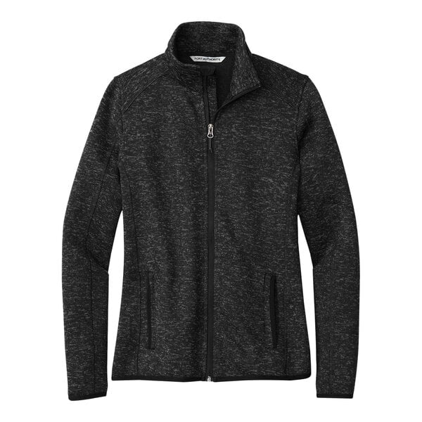 A close-up of a black Port Authority full-zip fleece sweater jacket.
