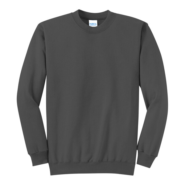 A long sleeved grey Port & Company core fleece sweatshirt.