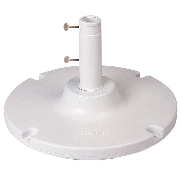 A white plastic Grosfillex umbrella base with a pole screw.