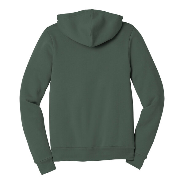 A back view of a military green Bella + Canvas full-zip hoodie with a hood.