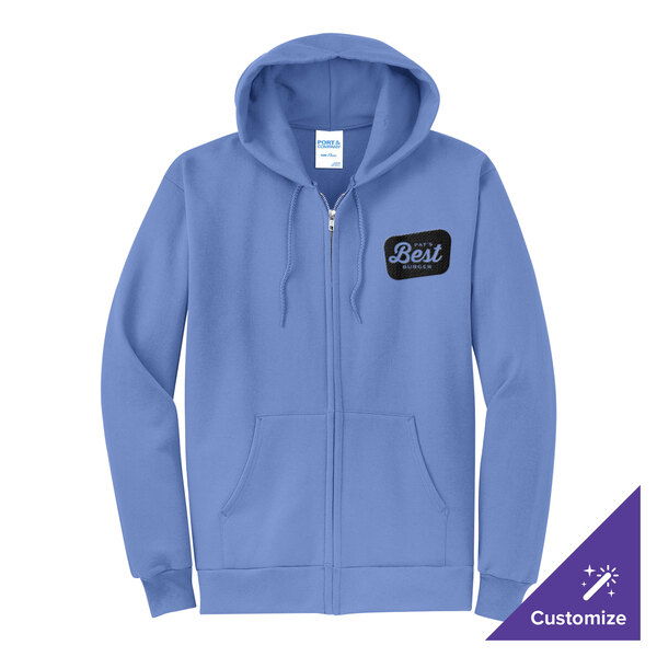 A customizable Carolina blue full-zip hoodie sweatshirt with a small chest logo and front pockets.