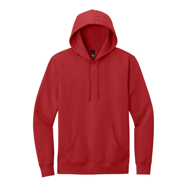 A red District hoodie with a hood.
