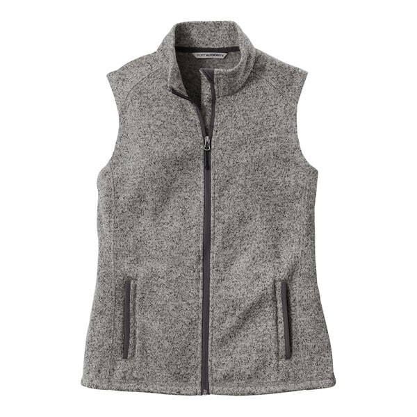 A grey Port Authority fleece sweater vest with a zipper.