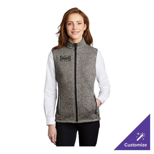 A women's medium gray heather fleece sweater vest with a customizable logo on the chest.