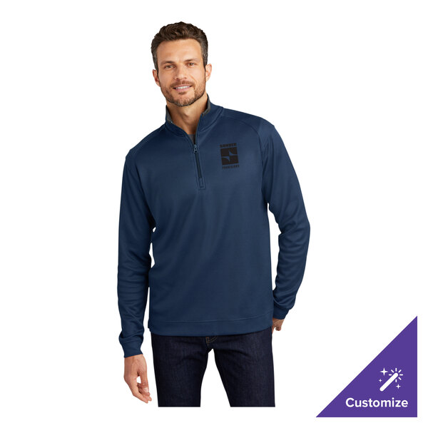 A unisex regatta blue and iron gray quarter-zip pullover sweater in a small size, made from a poly/cotton blend, with customizable options.