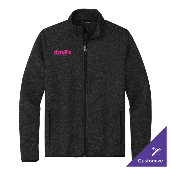 A black heather unisex fleece sweater jacket with a front zipper and customizable logo on the chest.
