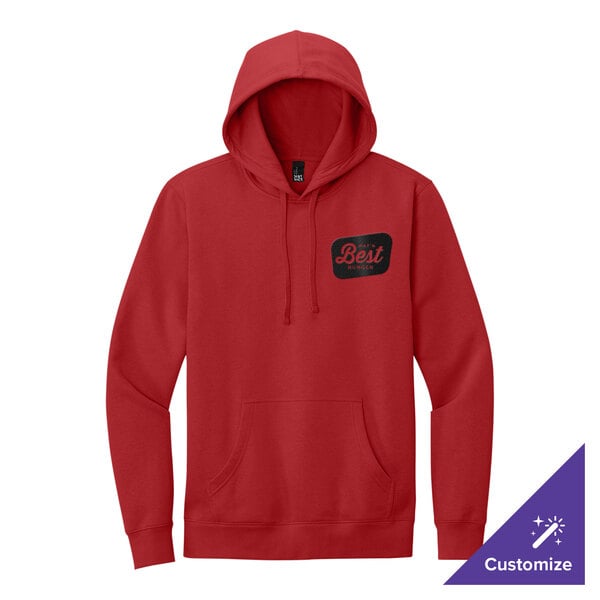 A red unisex fleece hoodie sweatshirt with a small chest logo and a front pocket.