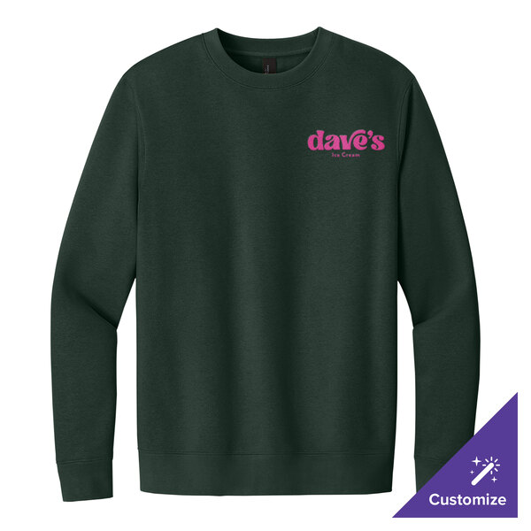 A forest green unisex crewneck sweatshirt with a small pink 'dave's Ice Cream' logo on the left chest, made from a ring-spun cotton and polyester blend.