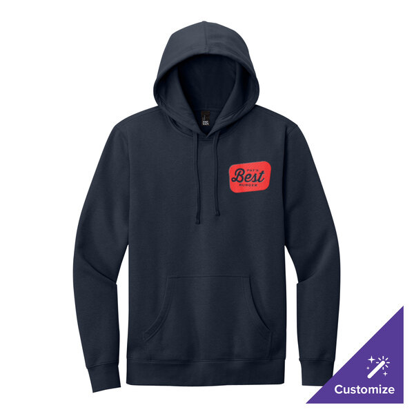 A navy blue unisex fleece hoodie sweatshirt with a red patch on the chest and a customizable design option.