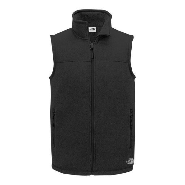 A black The North Face fleece sweater vest with a zipper.