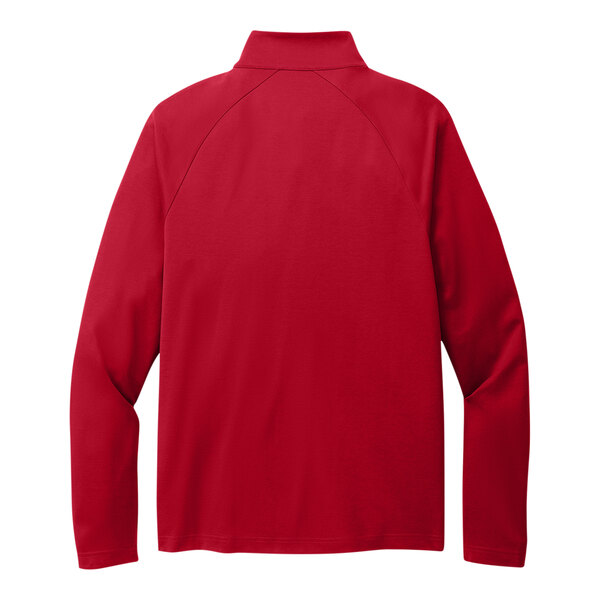 A red Port Authority quarter-zip sweatshirt with long sleeves.
