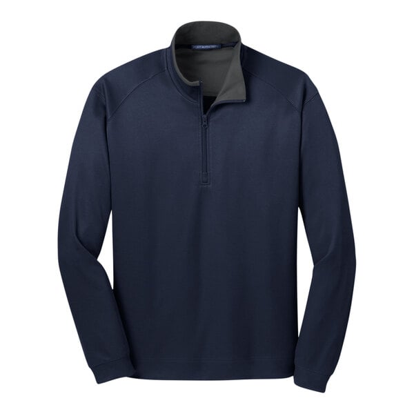 A Port Authority navy and iron gray quarter-zip pullover sweater with vertical texture.