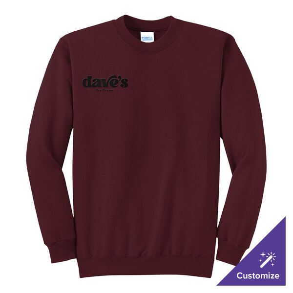 A maroon unisex crewneck sweatshirt with 'dave's Ice Cream' printed on the left chest, made from a cotton and polyester blend.