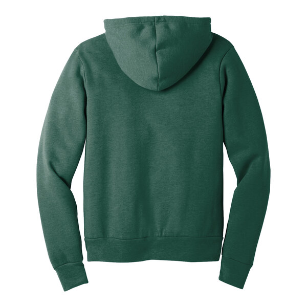 A close-up of a hood on a Bella + Canvas Heather Forest sponge fleece pullover hoodie.