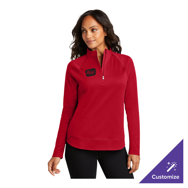 A women's rich red quarter-zip sweatshirt in a poly/cotton blend, shown in a customizable design.